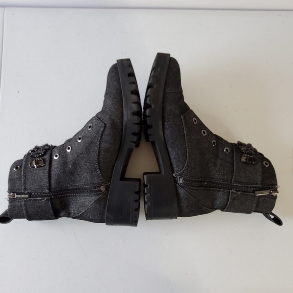 Karl Lagerfeld Paris Embellished Ankle Boots Size 8 Denim Combat Lug Sole - Picture 8 of 15